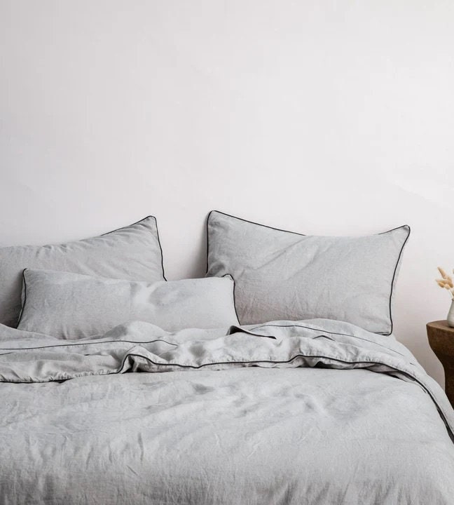 Light Grey with Black Piping 100% Pure Linen or Linen Cotton Duvet Set