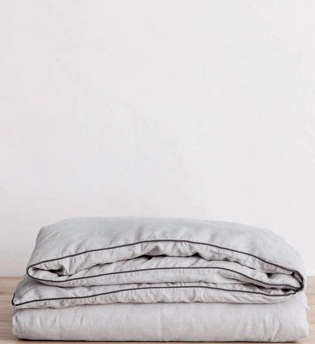 Light Grey with Black Piping 100% Pure Linen or Linen Cotton Duvet Set